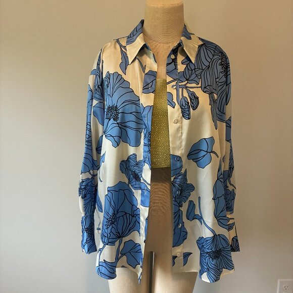 Zara Women's Floral Silky Button Down Blouse - Picture 1 of 11